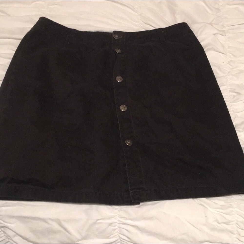 Black Front Button Suede Skirt
